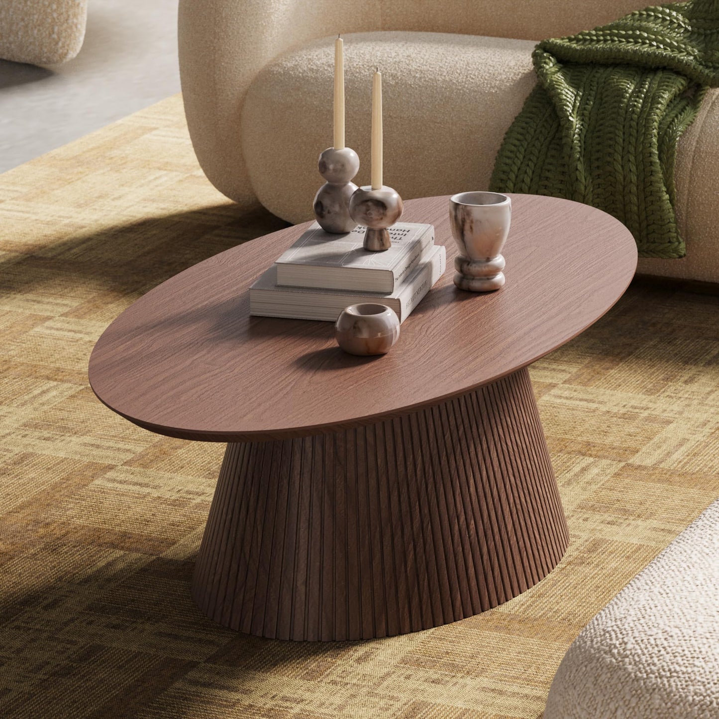 win2win Oval Coffee Table, Mid Century Modern Coffee Table with Fluted Design, Small Funky Tea Table with Wood Grain Veneer, Minimalist Center Table for Living Room, Apartment, Office, Walnut
