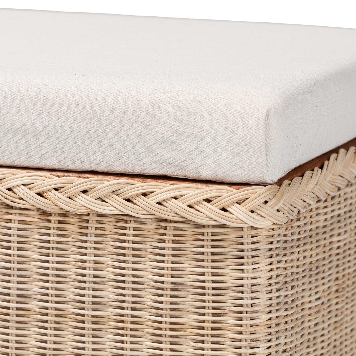 Braided Natural Rattan Storage Bench with Cushioned Lift-Top Lid
