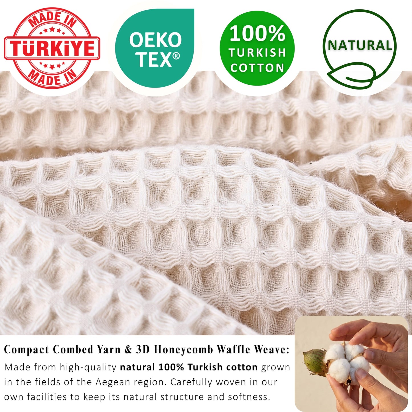 PÜSKÜL Organic Waffle Kitchen Towel Pure 100% Turkish Cotton Set of 3 Natural Raw-Undyed Towel - Premium Quality Soft Quick-Dry Absorbent Lint-Free Hand & Dish Towels Large 32X16 (3, Natural Beige)
