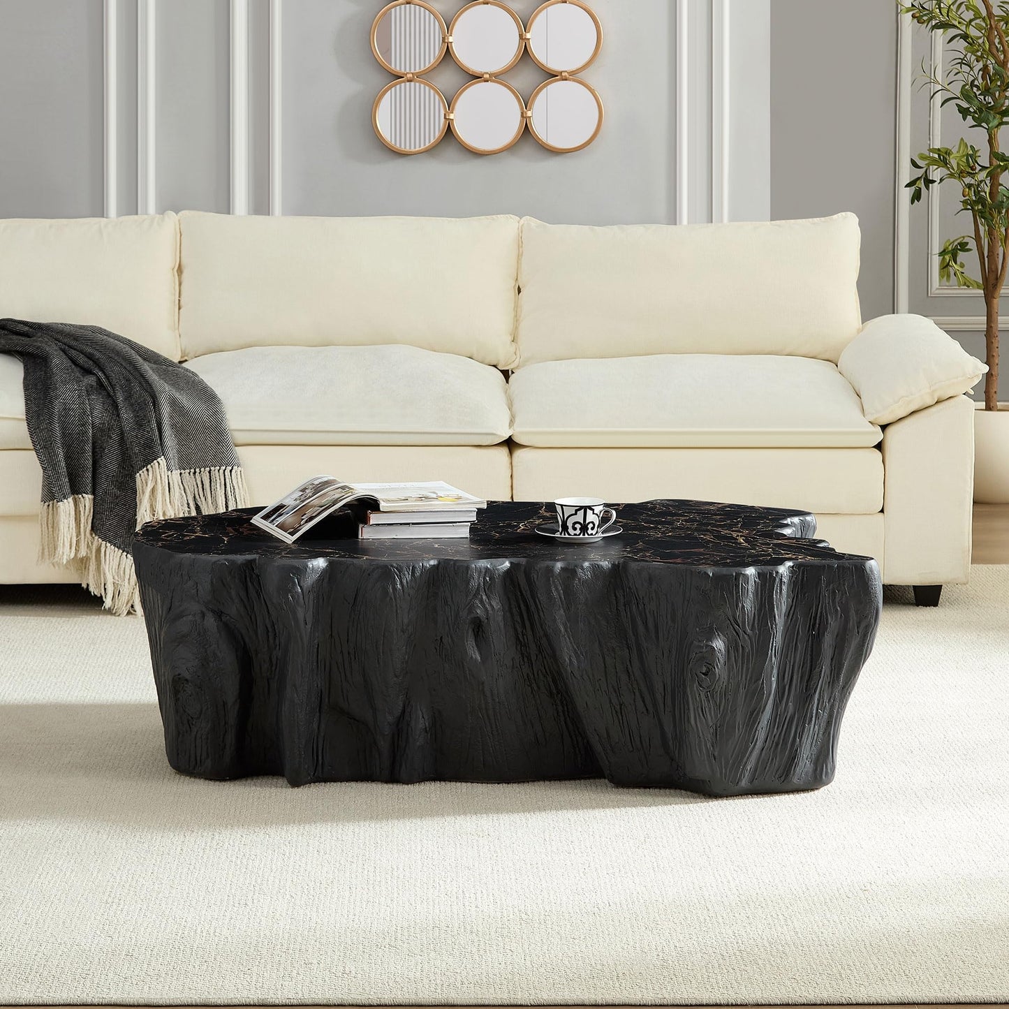 WILLIAMSPACE 43.31" Rectangle Coffee Table with Burl Wood Veneer & Sturdy Base, Modern Luxury Wood Drum Center Table End Table Accent Side Table for Living Room, Minimalist Fluted Design, Oak
