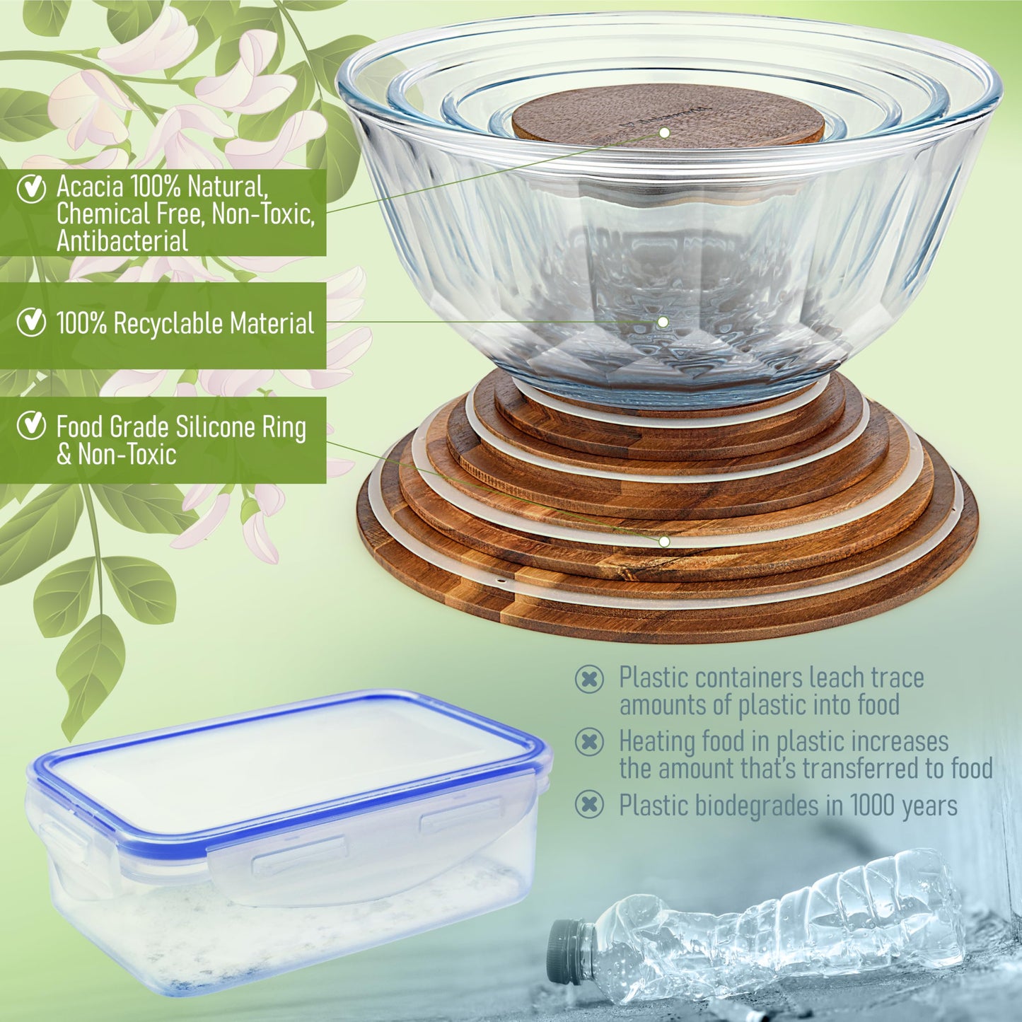 Glass Container Set with Acacia Lids - 4 Stackable Meal Prep Containers. Durable heat resistant Inert Borosilicate Glass