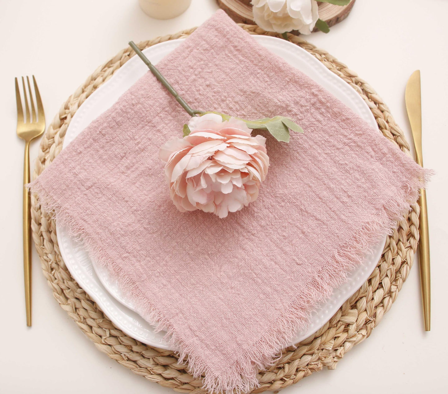 Cloth Napkins with Fringe Set of 12,100% Soft Cotton, Gauze Washable Easter Napkins for Wedding Decorative Dinner Parties, Valentine's Day (16''*16'') Light Blue