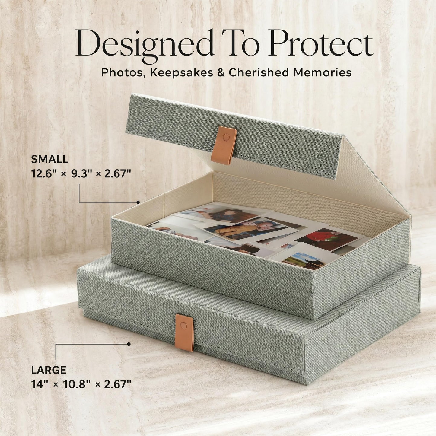 Decorative Photo Storage Boxes with Lids - Set of 2 Beautiful Linen Organizers Are Perfect to Safely Store Your Pictures, Documents, Scrapbooking Supplies, Keepsakes and Other Memories in Style