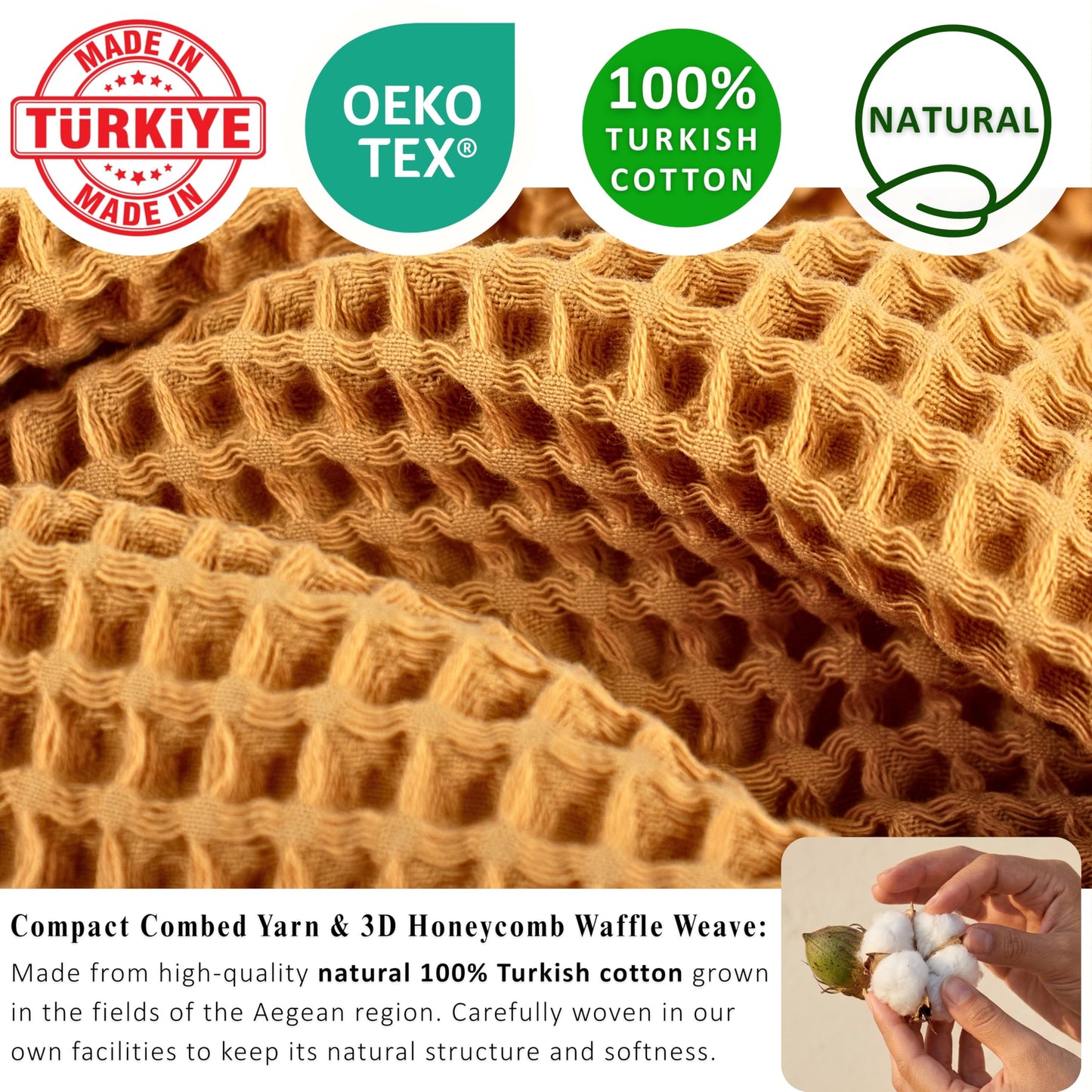 PÜSKÜL Organic Waffle Kitchen Towel Pure 100% Turkish Cotton Set of 3 Natural Raw-Undyed Towel - Premium Quality Soft Quick-Dry Absorbent Lint-Free Hand & Dish Towels Large 32X16 (3, Natural Beige)