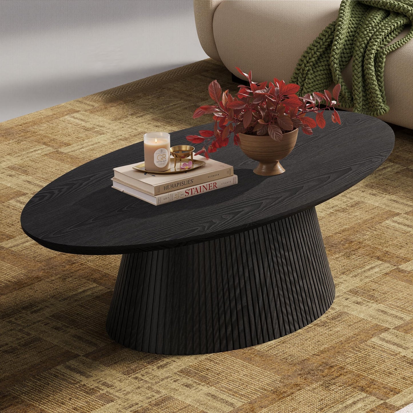 win2win Oval Coffee Table, Mid Century Modern Coffee Table with Fluted Design, Small Funky Tea Table with Wood Grain Veneer, Minimalist Center Table for Living Room, Apartment, Office, Walnut