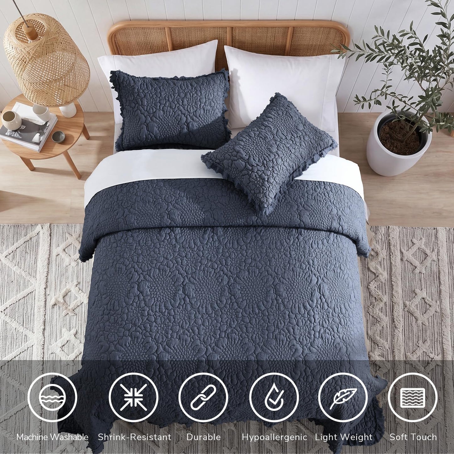 Ruffled Quilt Stone-Washed Lightweight Crinkled Shabby Chic Bedding Set