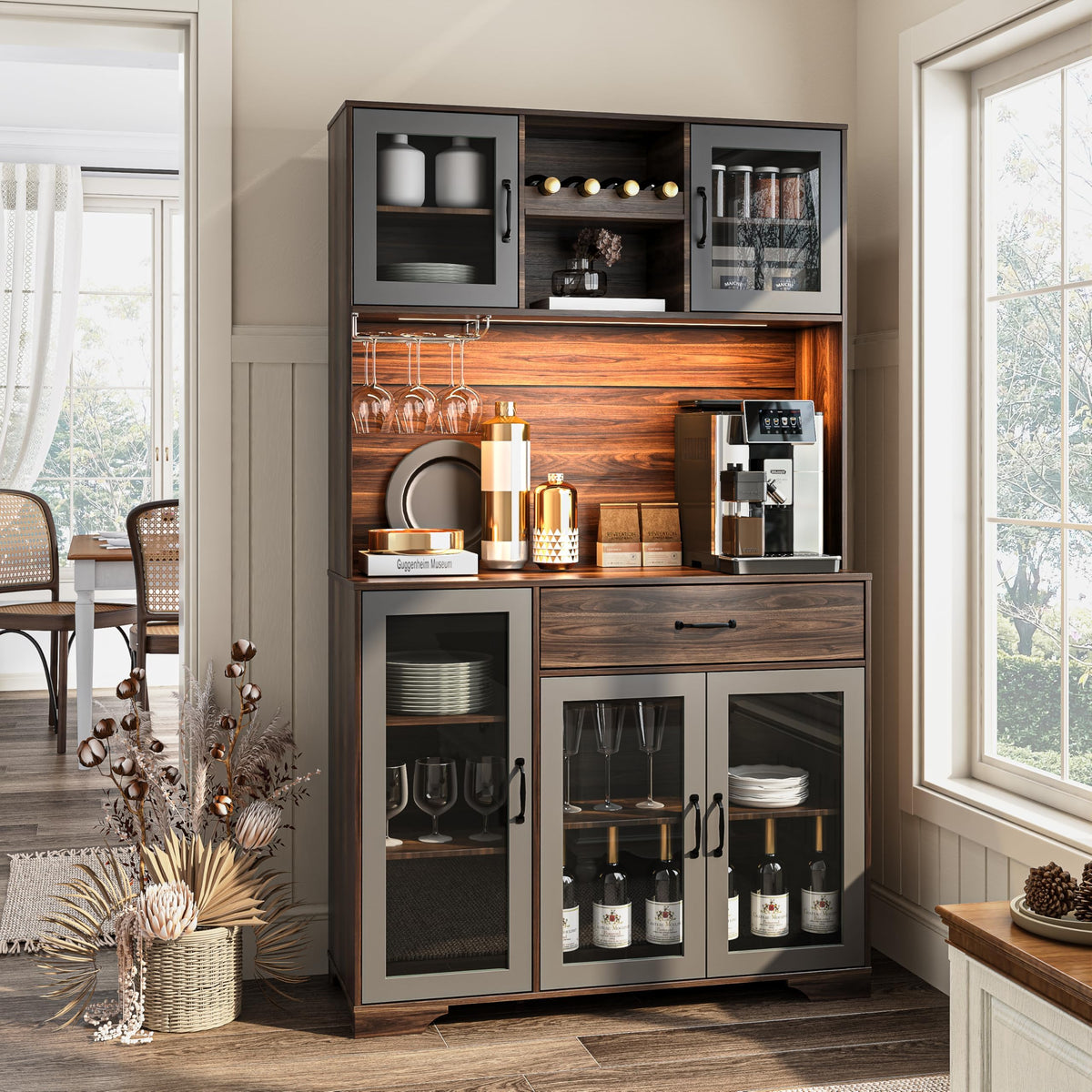 71" Cabinet with Wine Rack and Charging Station, Set of 2