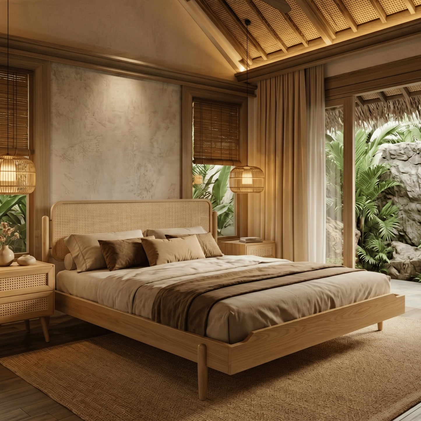 King Platform Bed with Natural Rattan Headboard