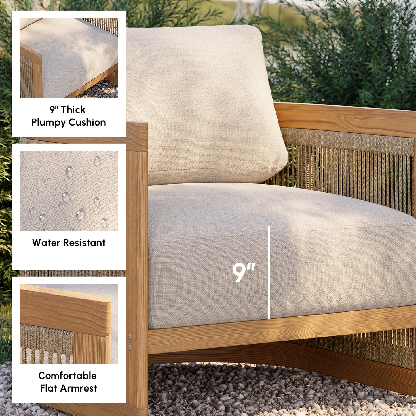 homary Teak Outdoor Chair, Rope Woven Patio Lounge Chair with All-Weather Cushions, Deep Seat Ergonomic Armchair with Removable Washable Covers (2 Chair)