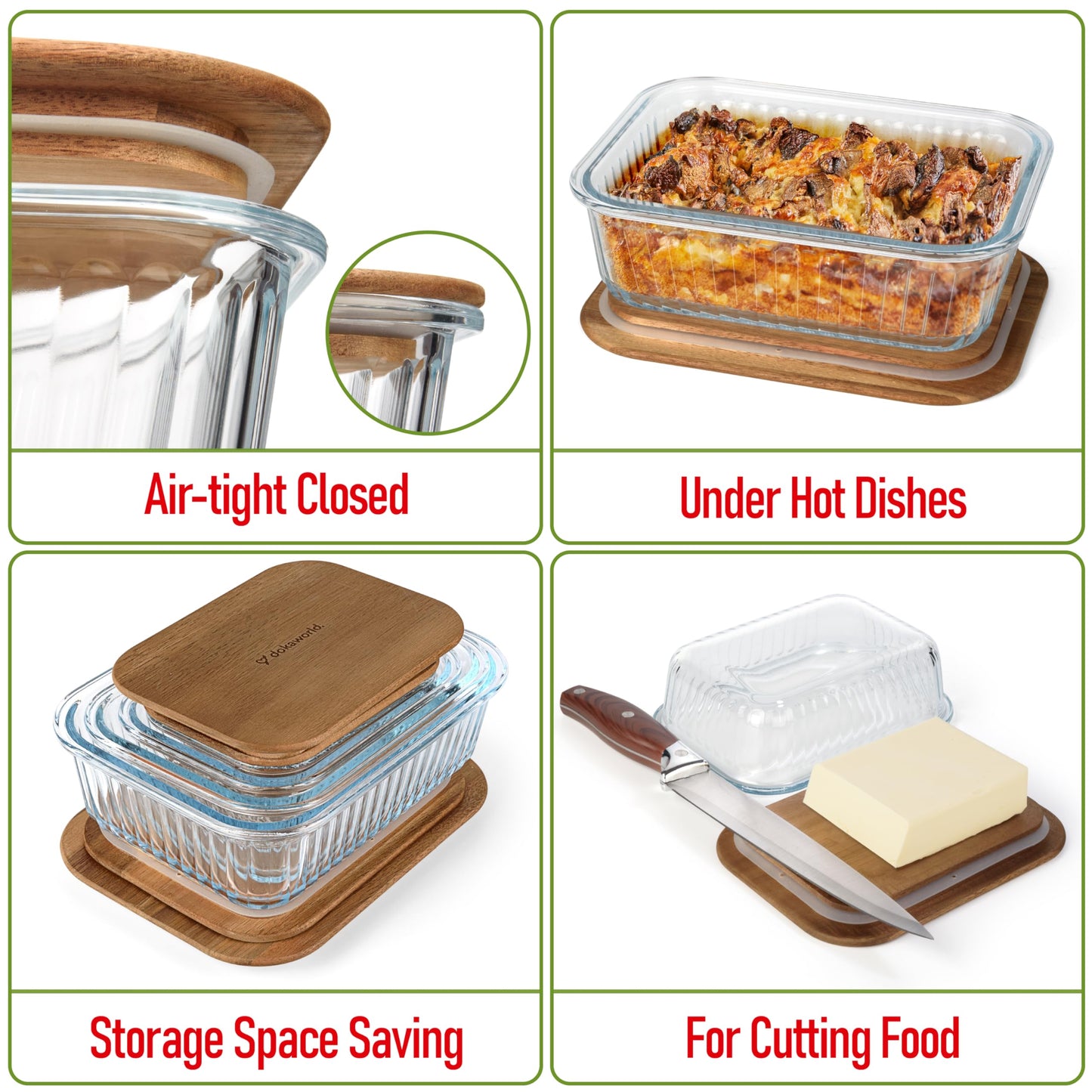 Glass Container Set with Acacia Lids - 4 Stackable Meal Prep Containers. Durable heat resistant Inert Borosilicate Glass