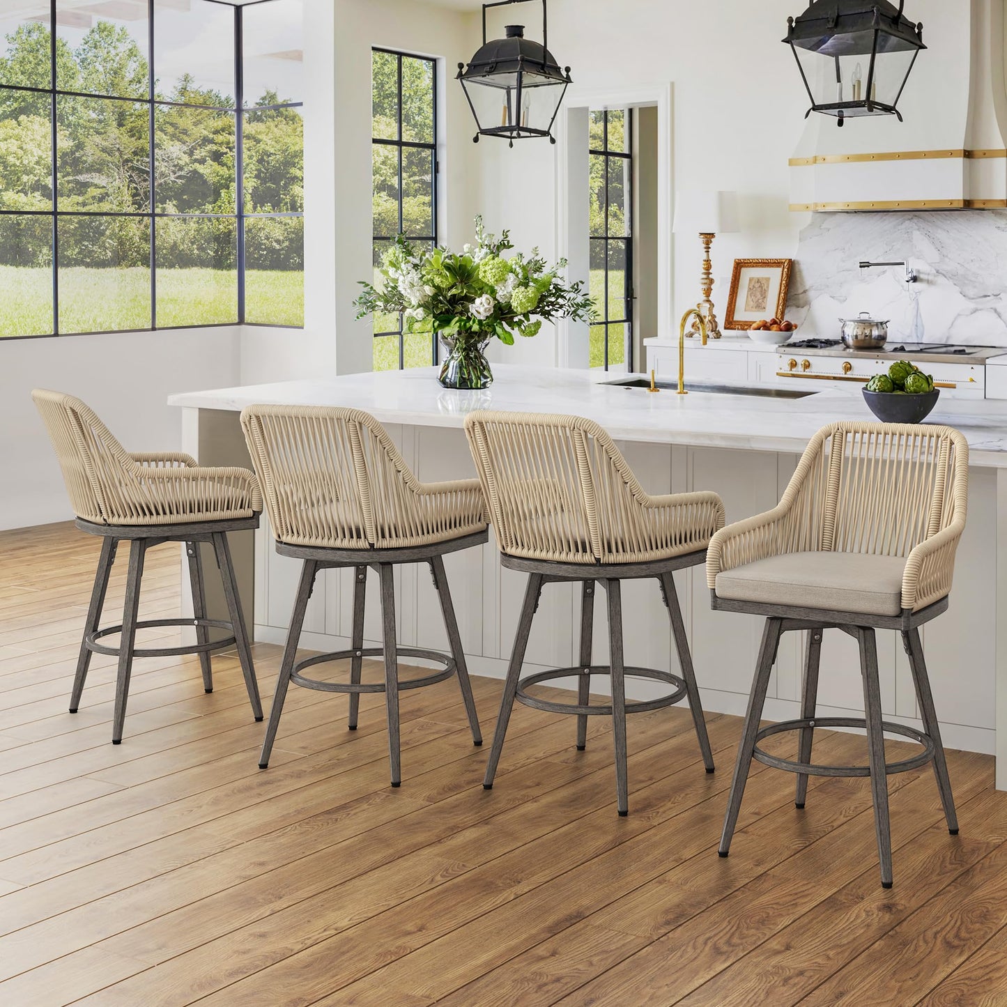 Swivel Outdoor Bar Stools Set of 4, with Armrest