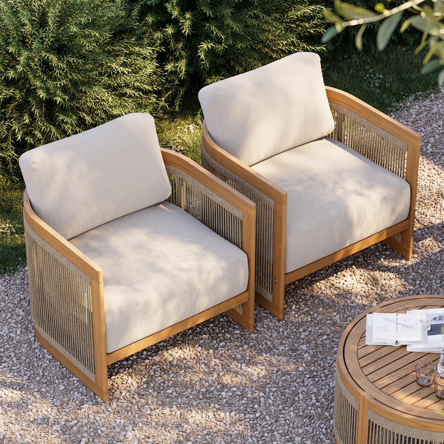 homary Teak Outdoor Chair, Rope Woven Patio Lounge Chair with All-Weather Cushions, Deep Seat Ergonomic Armchair with Removable Washable Covers (2 Chair)