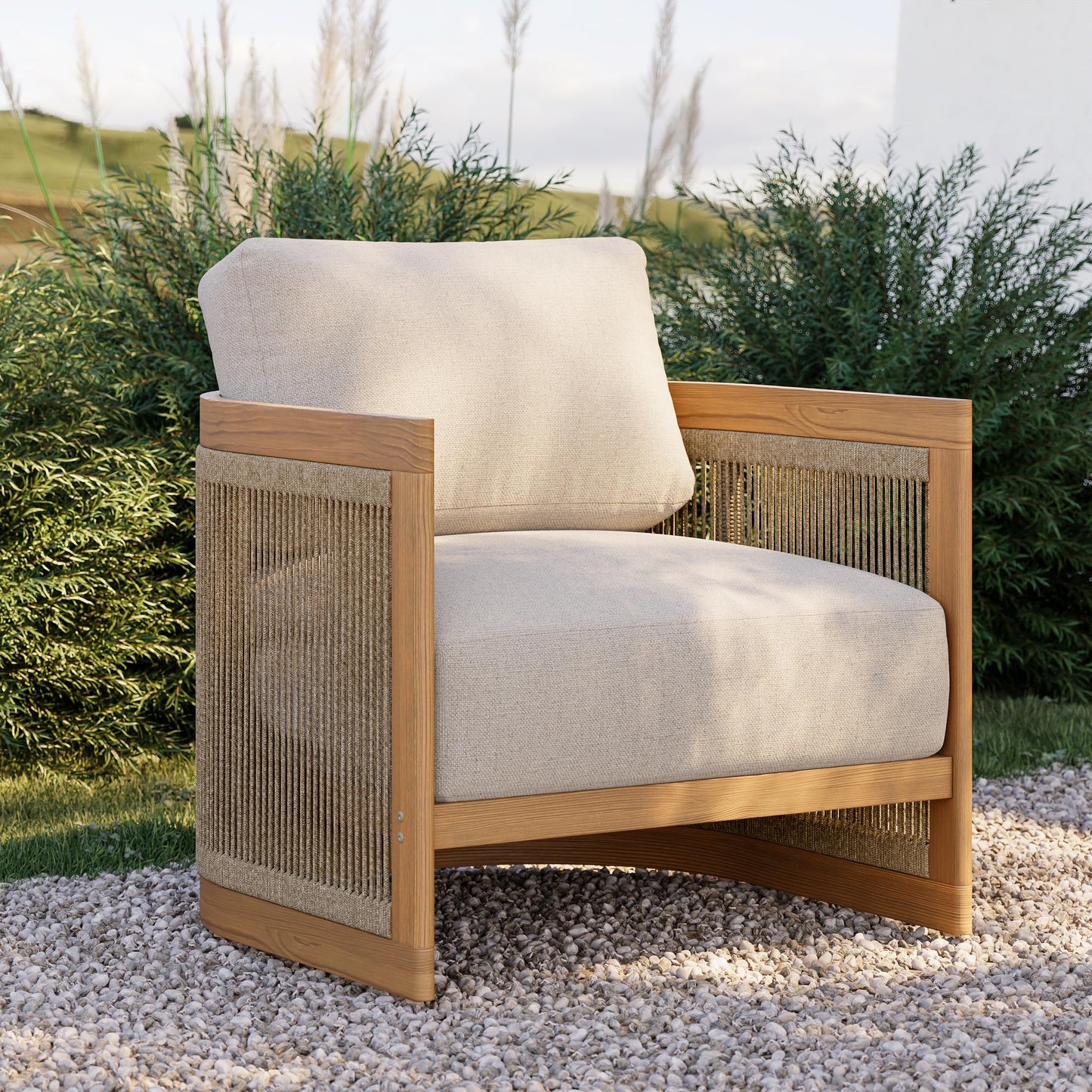 homary Teak Outdoor Chair, Rope Woven Patio Lounge Chair with All-Weather Cushions, Deep Seat Ergonomic Armchair with Removable Washable Covers (2 Chair)