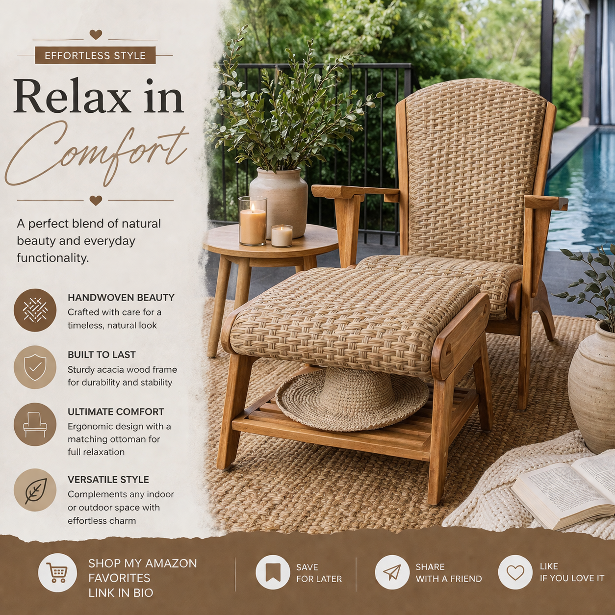 Cambridge Casual Camden Chair with Ottoman, Wicker Accent, Patio Lounge for Porch
